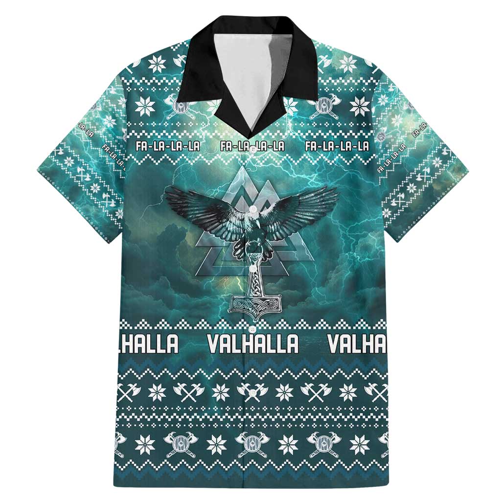 Viking Valhalla Christmas Family Matching Mermaid Dress and Hawaiian Shirt with Norse Symbols Raven and Fa La La La Design - Wonder Print Shop