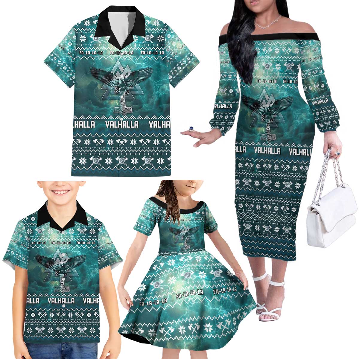 Viking Valhalla Christmas Family Matching Off The Shoulder Long Sleeve Dress and Hawaiian Shirt with Norse Symbols Raven and Fa La La La Design - Wonder Print Shop