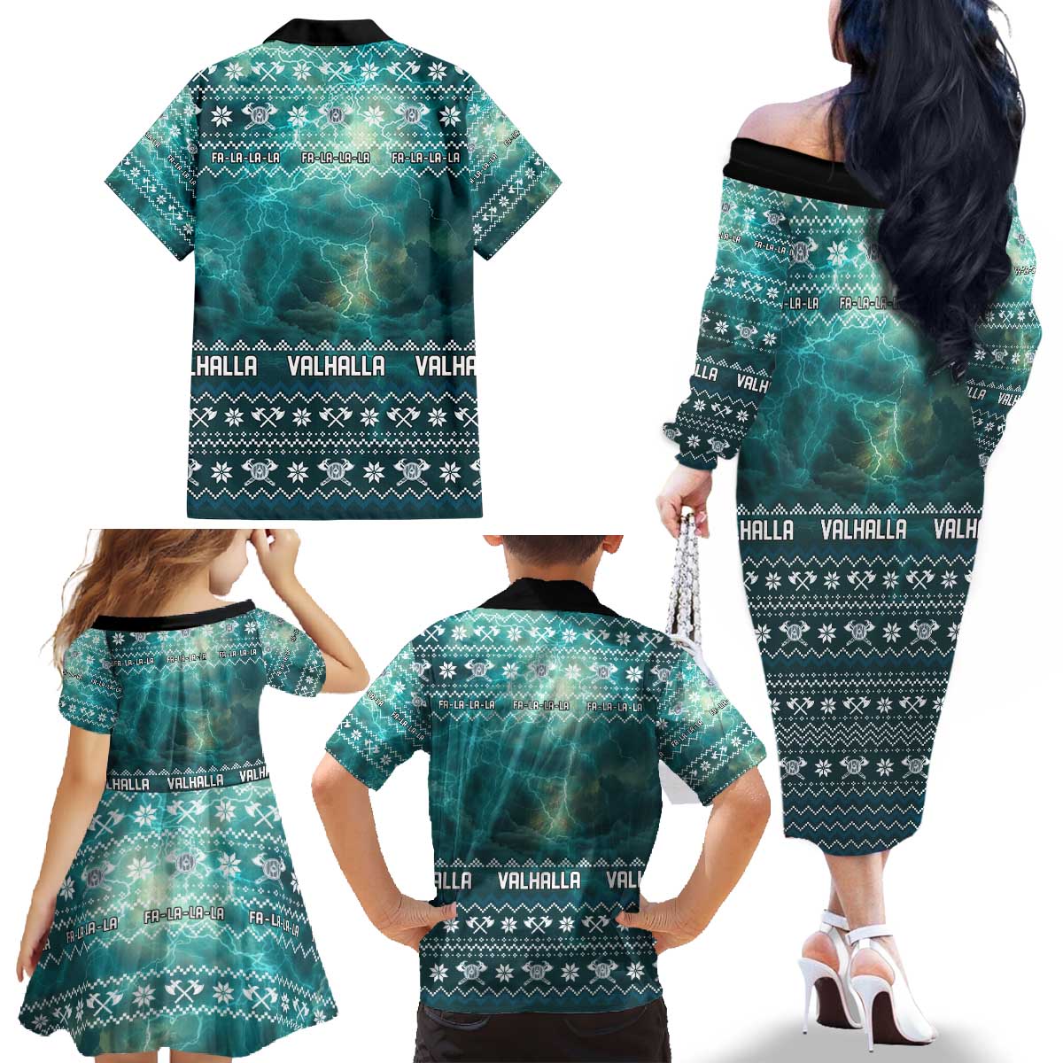 Viking Valhalla Christmas Family Matching Off The Shoulder Long Sleeve Dress and Hawaiian Shirt with Norse Symbols Raven and Fa La La La Design - Wonder Print Shop