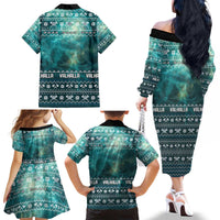 Viking Valhalla Christmas Family Matching Off The Shoulder Long Sleeve Dress and Hawaiian Shirt with Norse Symbols Raven and Fa La La La Design - Wonder Print Shop
