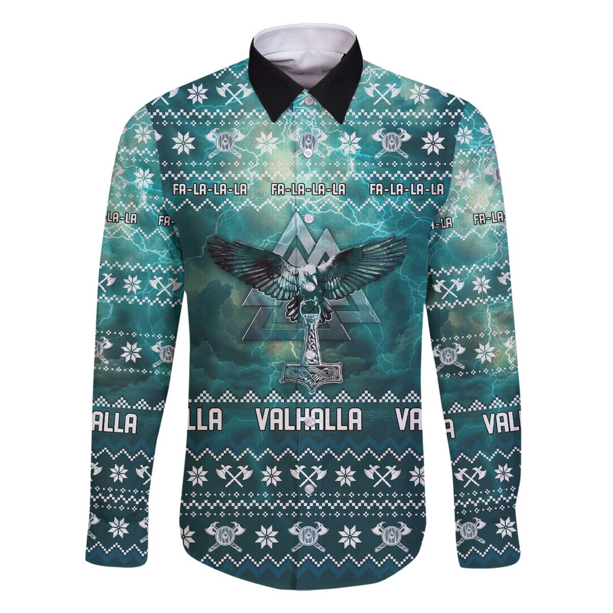 Viking Valhalla Christmas Family Matching Off The Shoulder Long Sleeve Dress and Hawaiian Shirt with Norse Symbols Raven and Fa La La La Design - Wonder Print Shop