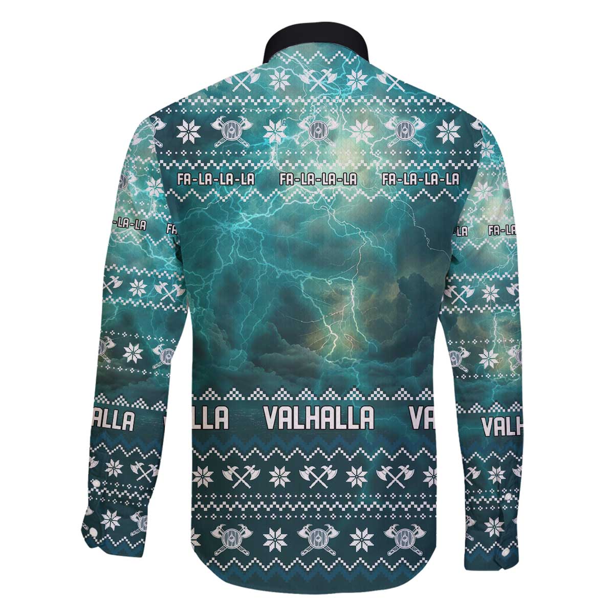 Viking Valhalla Christmas Family Matching Off The Shoulder Long Sleeve Dress and Hawaiian Shirt with Norse Symbols Raven and Fa La La La Design - Wonder Print Shop