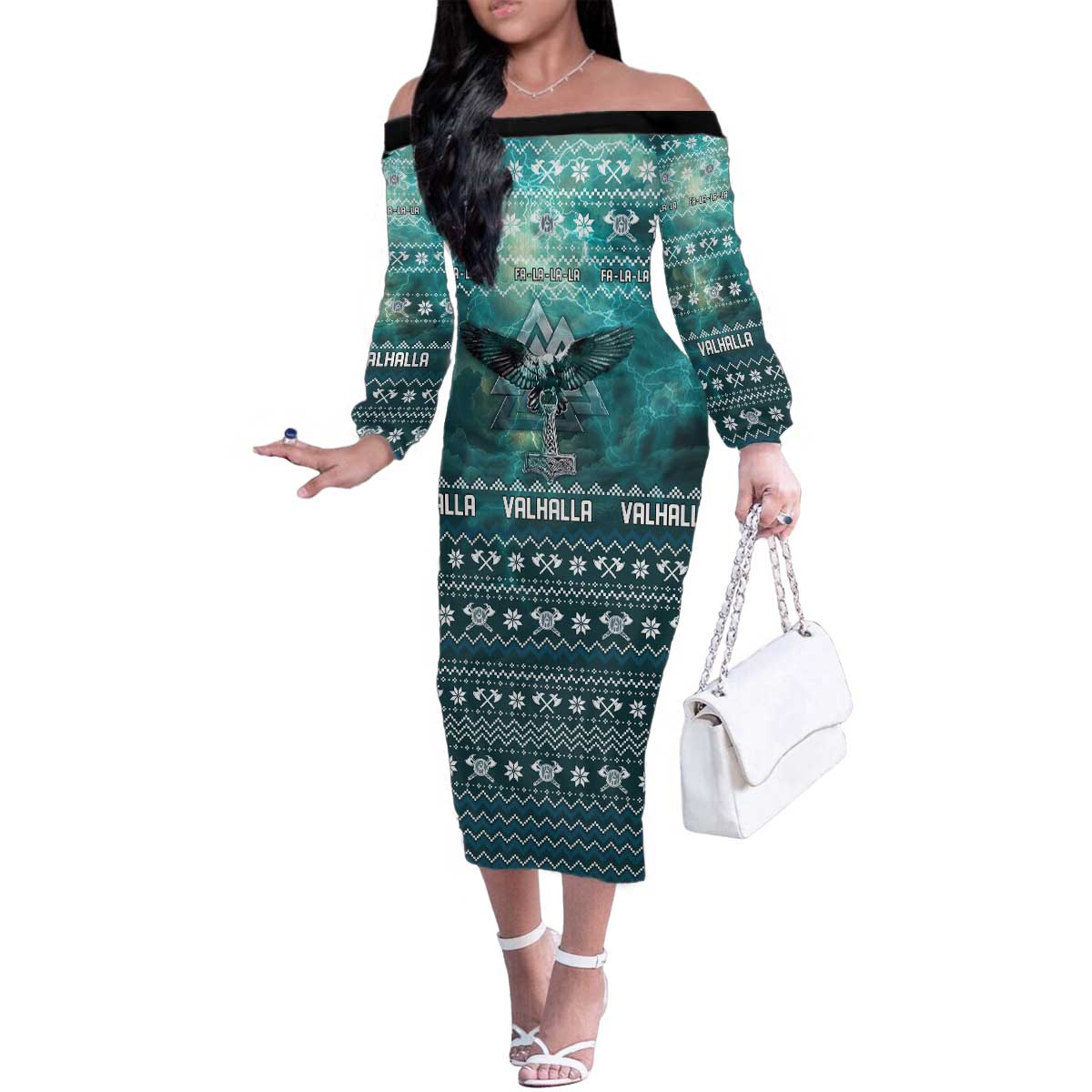 Viking Valhalla Christmas Family Matching Off The Shoulder Long Sleeve Dress and Hawaiian Shirt with Norse Symbols Raven and Fa La La La Design - Wonder Print Shop