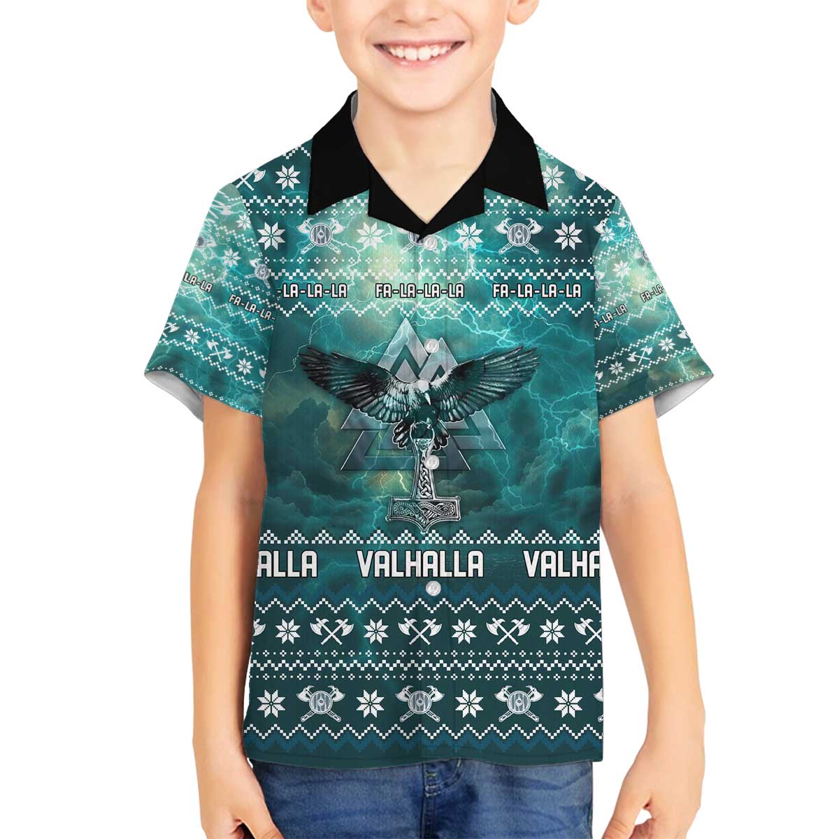 Viking Valhalla Christmas Family Matching Off The Shoulder Long Sleeve Dress and Hawaiian Shirt with Norse Symbols Raven and Fa La La La Design - Wonder Print Shop