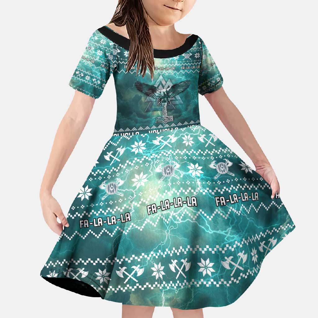 Viking Valhalla Christmas Family Matching Off Shoulder Maxi Dress and Hawaiian Shirt with Norse Symbols Raven and Fa La La La Design - Wonder Print Shop