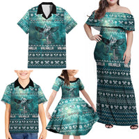 Viking Valhalla Christmas Family Matching Off Shoulder Maxi Dress and Hawaiian Shirt with Norse Symbols Raven and Fa La La La Design - Wonder Print Shop
