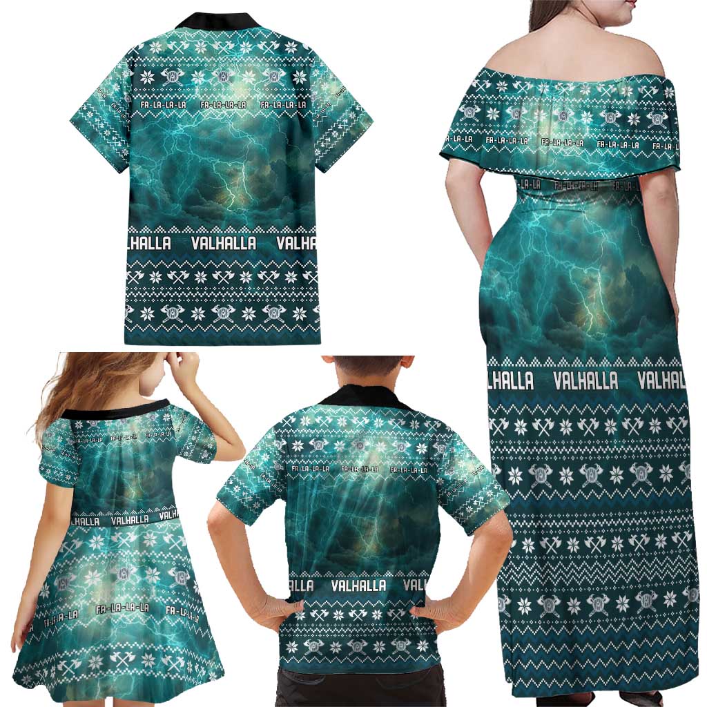 Viking Valhalla Christmas Family Matching Off Shoulder Maxi Dress and Hawaiian Shirt with Norse Symbols Raven and Fa La La La Design - Wonder Print Shop