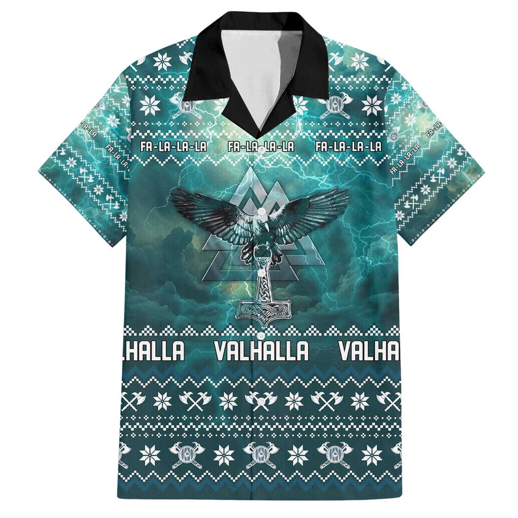 Viking Valhalla Christmas Family Matching Off Shoulder Maxi Dress and Hawaiian Shirt with Norse Symbols Raven and Fa La La La Design - Wonder Print Shop