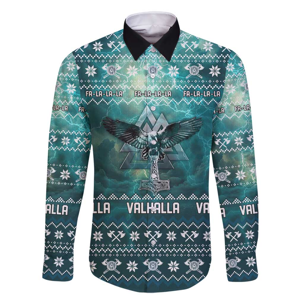 Viking Valhalla Christmas Family Matching Off Shoulder Maxi Dress and Hawaiian Shirt with Norse Symbols Raven and Fa La La La Design - Wonder Print Shop