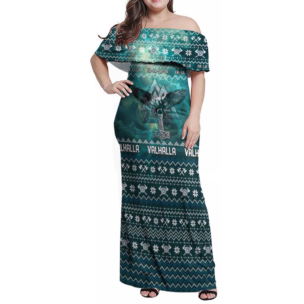 Viking Valhalla Christmas Family Matching Off Shoulder Maxi Dress and Hawaiian Shirt with Norse Symbols Raven and Fa La La La Design - Wonder Print Shop