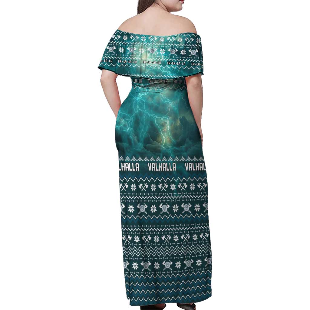 Viking Valhalla Christmas Family Matching Off Shoulder Maxi Dress and Hawaiian Shirt with Norse Symbols Raven and Fa La La La Design - Wonder Print Shop