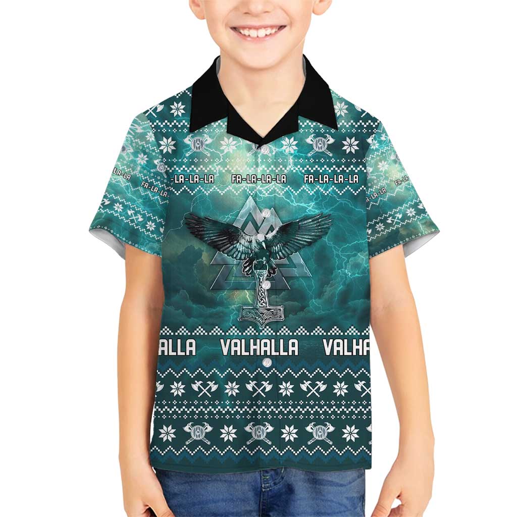 Viking Valhalla Christmas Family Matching Off Shoulder Maxi Dress and Hawaiian Shirt with Norse Symbols Raven and Fa La La La Design - Wonder Print Shop