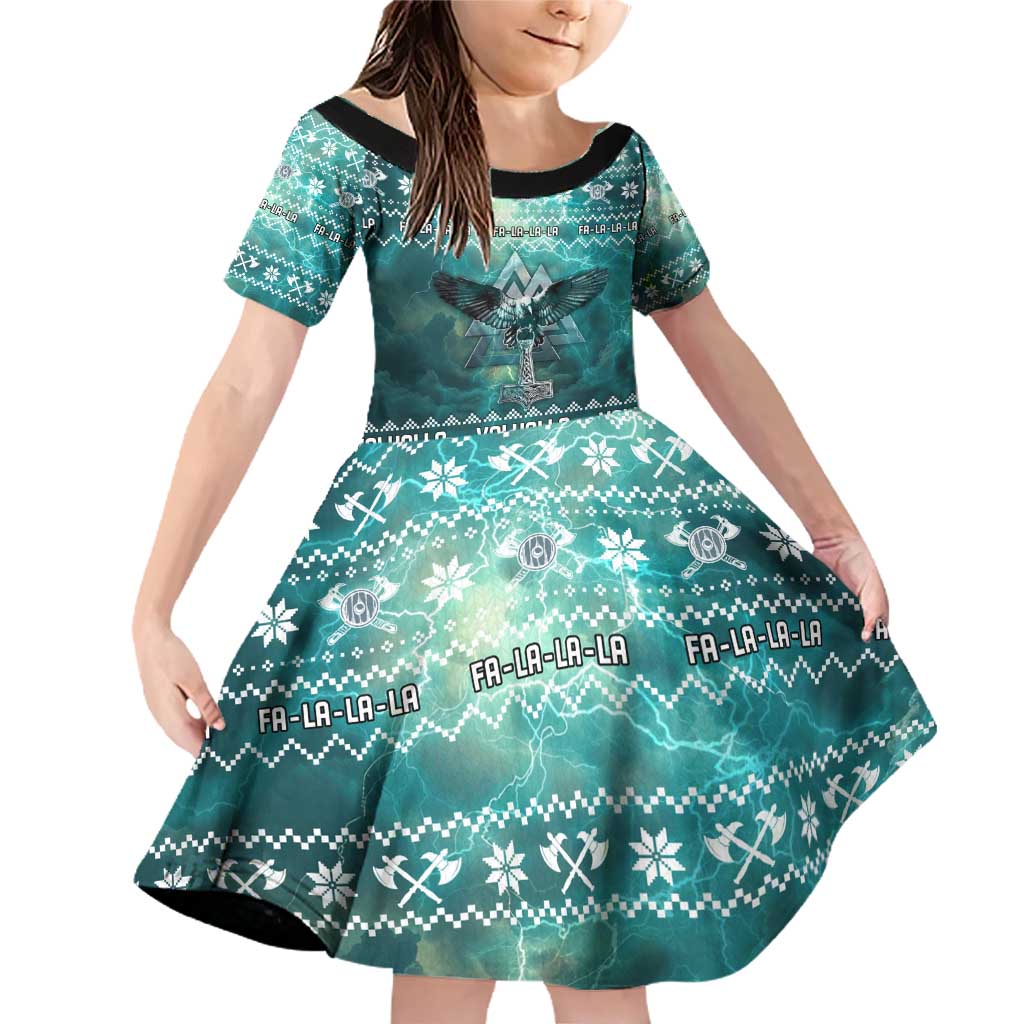 Viking Valhalla Christmas Family Matching Off Shoulder Short Dress and Hawaiian Shirt with Norse Symbols Raven and Fa La La La Design - Wonder Print Shop