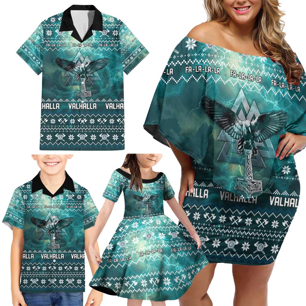 Viking Valhalla Christmas Family Matching Off Shoulder Short Dress and Hawaiian Shirt with Norse Symbols Raven and Fa La La La Design - Wonder Print Shop