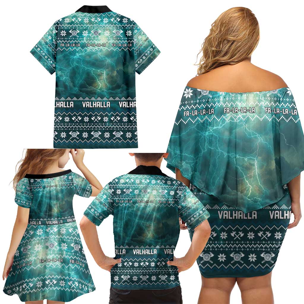 Viking Valhalla Christmas Family Matching Off Shoulder Short Dress and Hawaiian Shirt with Norse Symbols Raven and Fa La La La Design - Wonder Print Shop