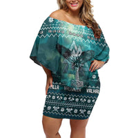 Viking Valhalla Christmas Family Matching Off Shoulder Short Dress and Hawaiian Shirt with Norse Symbols Raven and Fa La La La Design - Wonder Print Shop