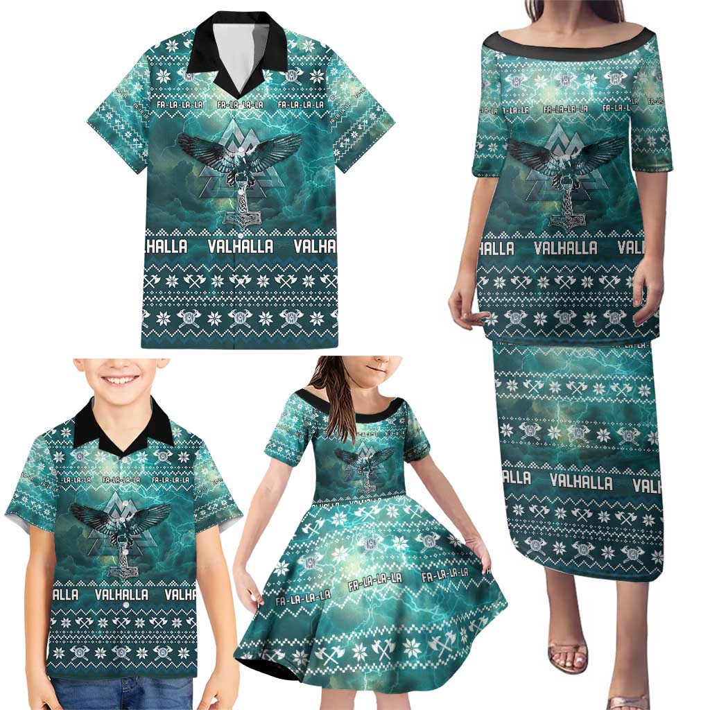 Viking Valhalla Christmas Family Matching Puletasi and Hawaiian Shirt with Norse Symbols Raven and Fa La La La Design - Wonder Print Shop