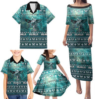 Viking Valhalla Christmas Family Matching Puletasi and Hawaiian Shirt with Norse Symbols Raven and Fa La La La Design - Wonder Print Shop
