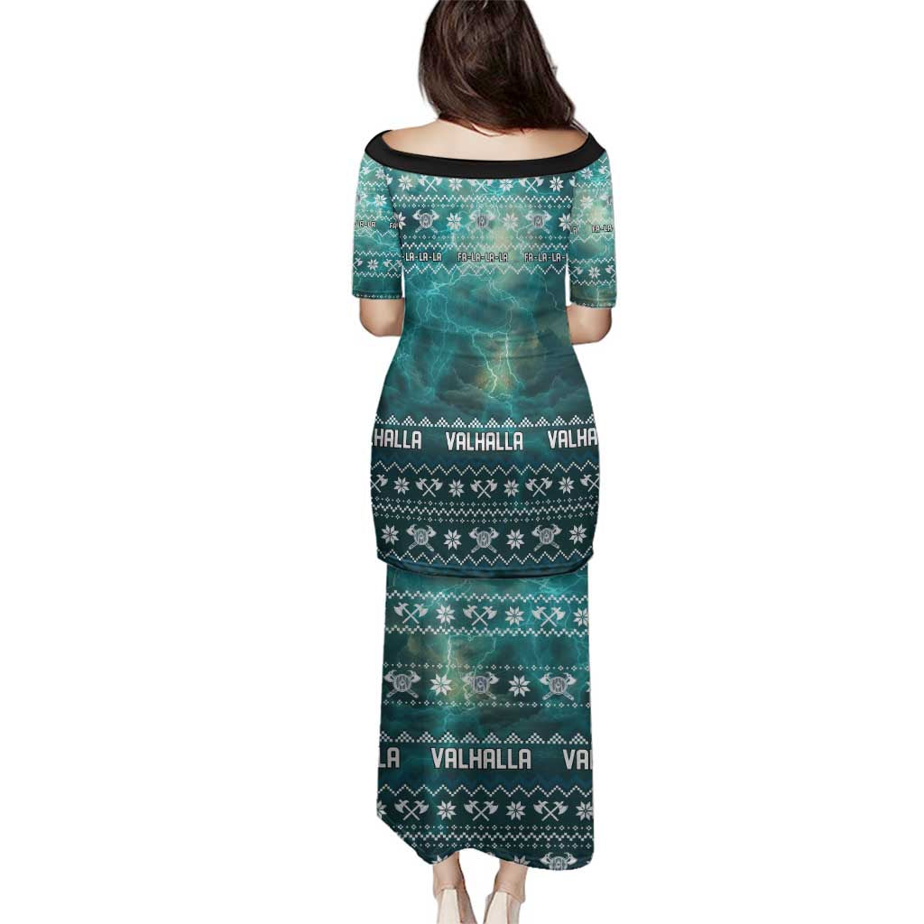 Viking Valhalla Christmas Family Matching Puletasi and Hawaiian Shirt with Norse Symbols Raven and Fa La La La Design - Wonder Print Shop