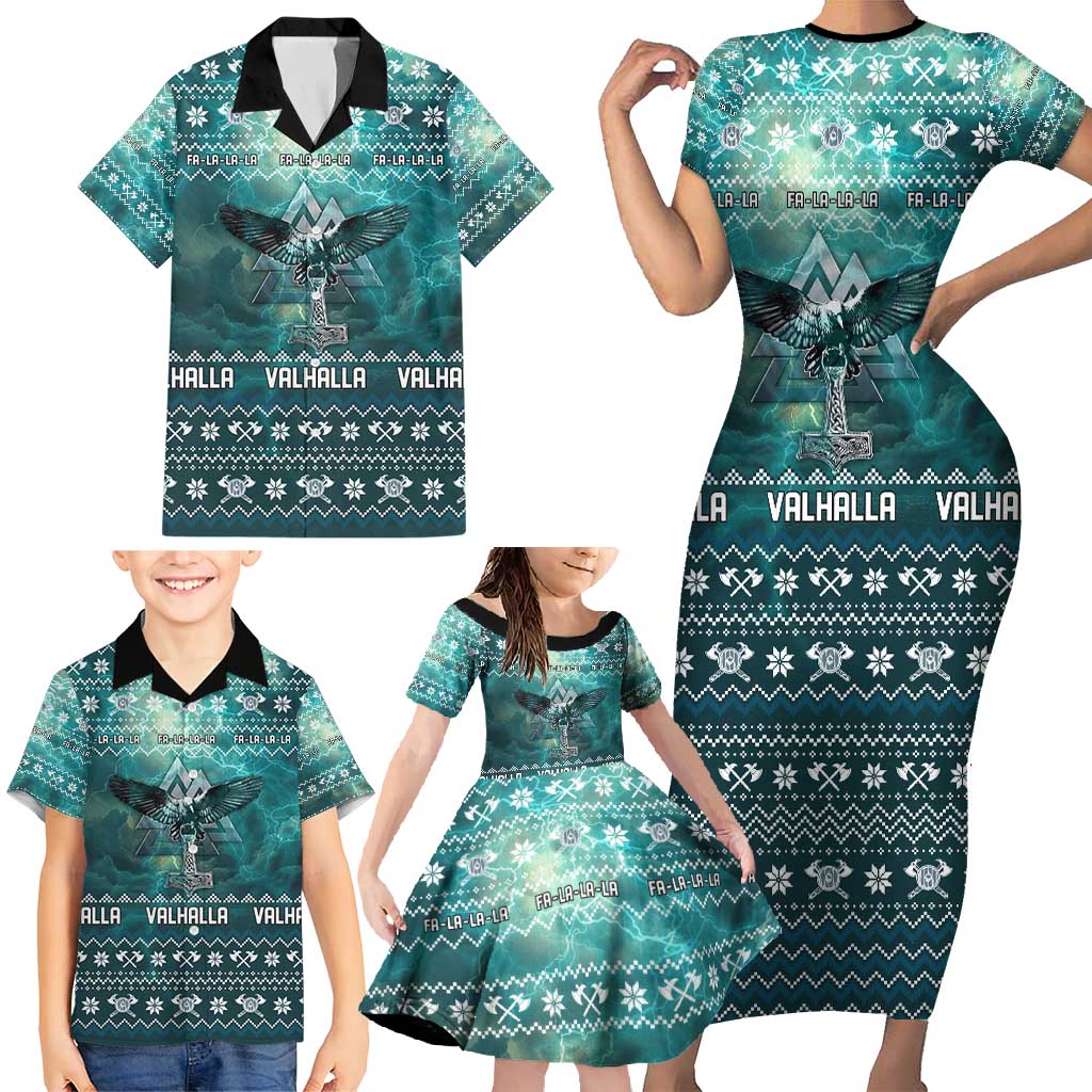 Viking Valhalla Christmas Family Matching Short Sleeve Bodycon Dress and Hawaiian Shirt with Norse Symbols Raven and Fa La La La Design - Wonder Print Shop