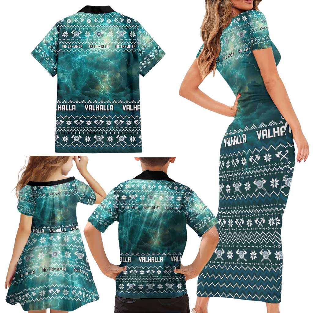 Viking Valhalla Christmas Family Matching Short Sleeve Bodycon Dress and Hawaiian Shirt with Norse Symbols Raven and Fa La La La Design - Wonder Print Shop