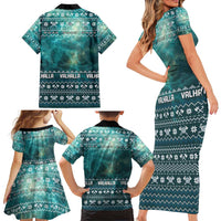 Viking Valhalla Christmas Family Matching Short Sleeve Bodycon Dress and Hawaiian Shirt with Norse Symbols Raven and Fa La La La Design - Wonder Print Shop