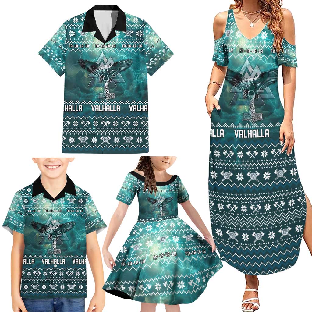 Viking Valhalla Christmas Family Matching Summer Maxi Dress and Hawaiian Shirt with Norse Symbols Raven and Fa La La La Design - Wonder Print Shop