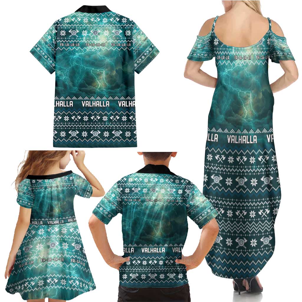 Viking Valhalla Christmas Family Matching Summer Maxi Dress and Hawaiian Shirt with Norse Symbols Raven and Fa La La La Design - Wonder Print Shop