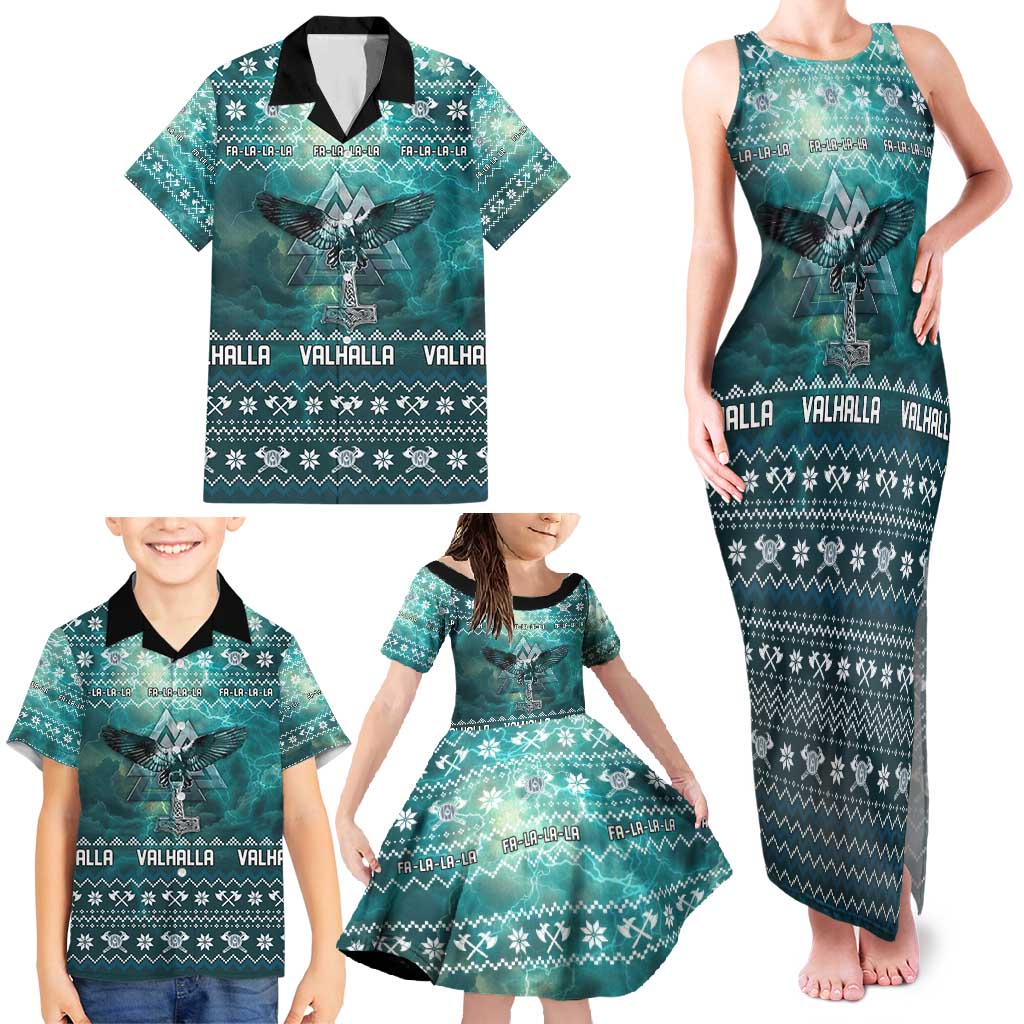 Viking Valhalla Christmas Family Matching Tank Maxi Dress and Hawaiian Shirt with Norse Symbols Raven and Fa La La La Design - Wonder Print Shop