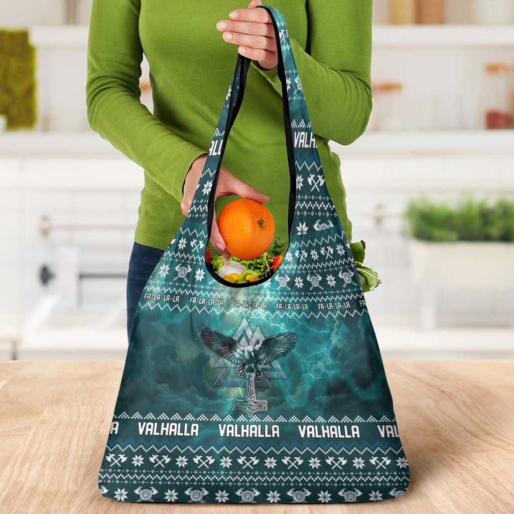 Viking Valhalla Christmas Grocery Bag with Norse Symbols Raven and Fa La La La Design - Wonder Print Shop