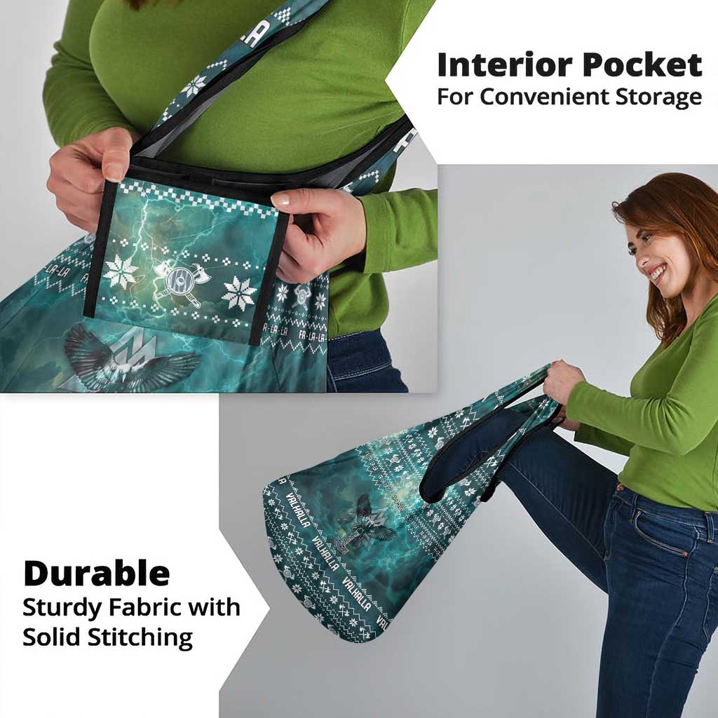 Viking Valhalla Christmas Grocery Bag with Norse Symbols Raven and Fa La La La Design - Wonder Print Shop