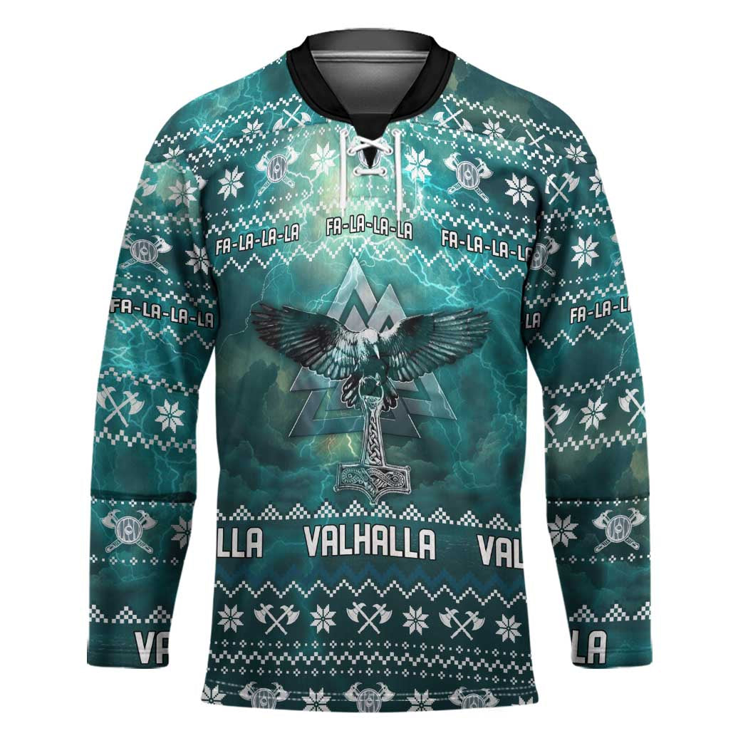 Viking Valhalla Christmas Hockey Jersey with Norse Symbols Raven and Fa La La La Design - Wonder Print Shop