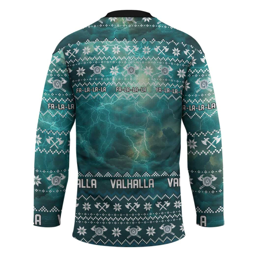 Viking Valhalla Christmas Hockey Jersey with Norse Symbols Raven and Fa La La La Design - Wonder Print Shop