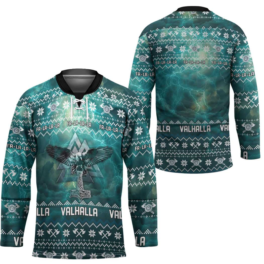 Viking Valhalla Christmas Hockey Jersey with Norse Symbols Raven and Fa La La La Design - Wonder Print Shop