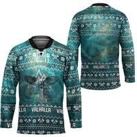 Viking Valhalla Christmas Hockey Jersey with Norse Symbols Raven and Fa La La La Design - Wonder Print Shop