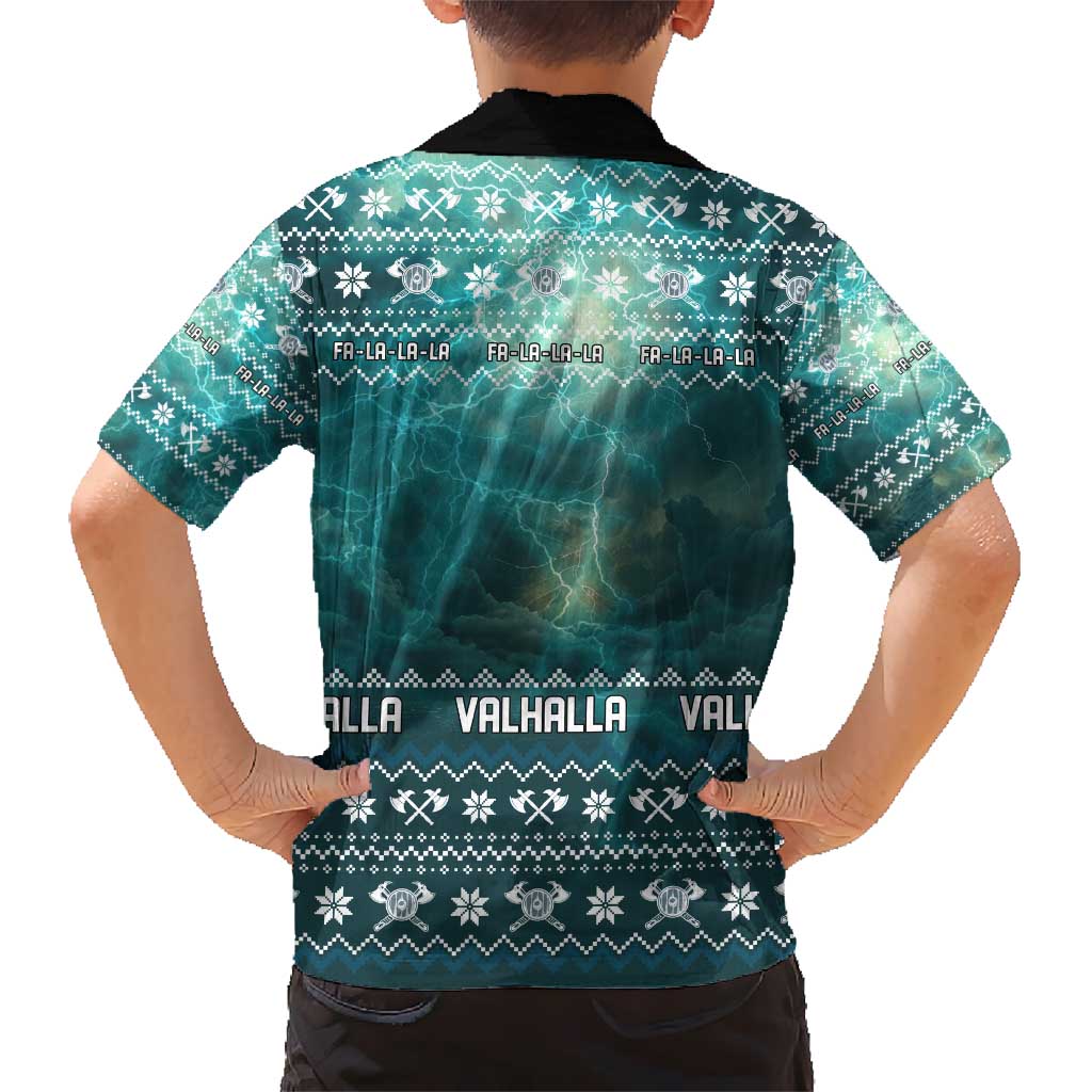 Viking Valhalla Christmas Kid Hawaiian Shirt with Norse Symbols Raven and Fa La La La Design - Wonder Print Shop