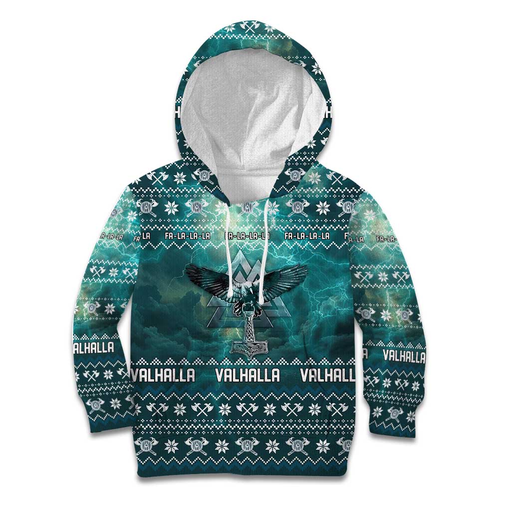 Viking Valhalla Christmas Kid Hoodie with Norse Symbols Raven and Fa La La La Design - Wonder Print Shop