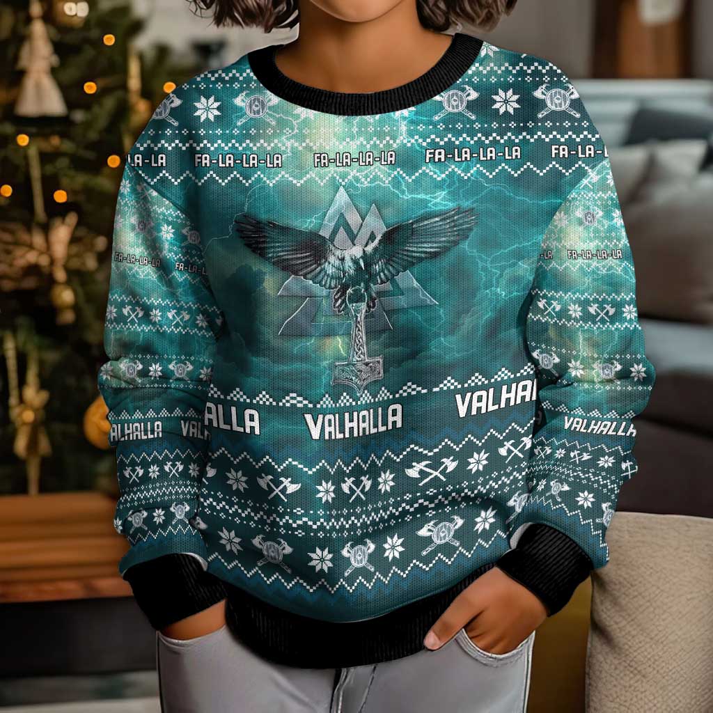 Viking Valhalla Christmas Kid Ugly Christmas Sweater with Norse Symbols Raven and Fa La La La Design - Wonder Print Shop