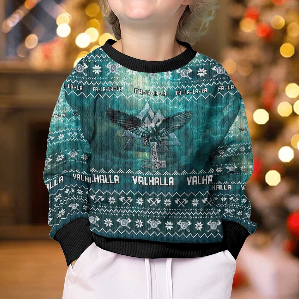 Viking Valhalla Christmas Kid Ugly Christmas Sweater with Norse Symbols Raven and Fa La La La Design - Wonder Print Shop