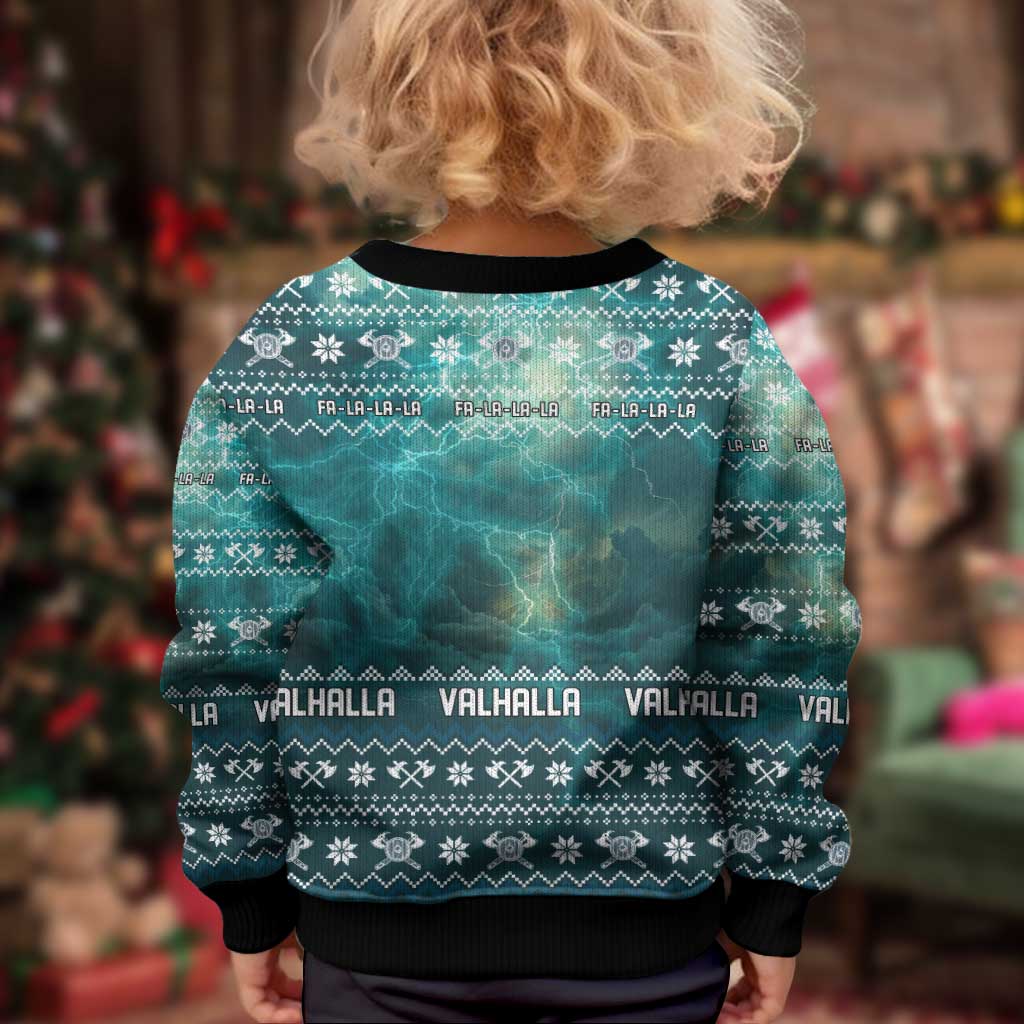 Viking Valhalla Christmas Kid Ugly Christmas Sweater with Norse Symbols Raven and Fa La La La Design - Wonder Print Shop