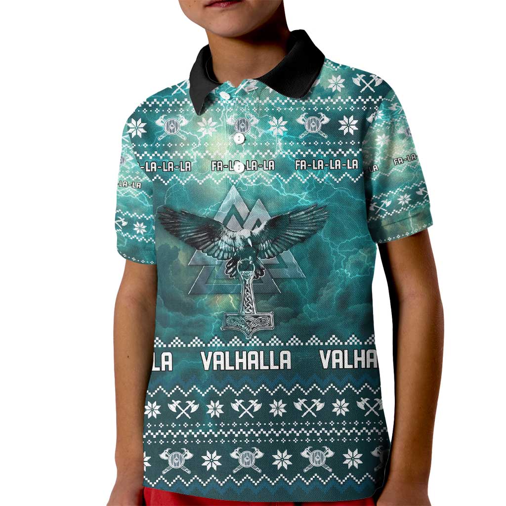 Viking Valhalla Christmas Kid Polo Shirt with Norse Symbols Raven and Fa La La La Design - Wonder Print Shop