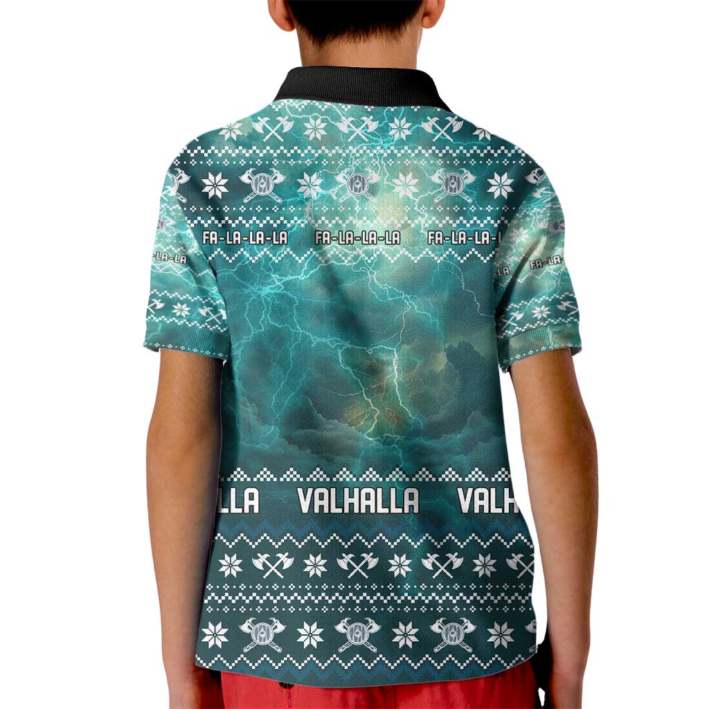 Viking Valhalla Christmas Kid Polo Shirt with Norse Symbols Raven and Fa La La La Design - Wonder Print Shop