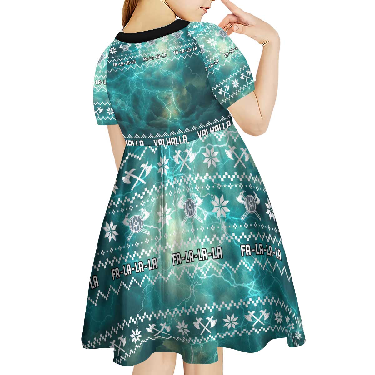 Viking Valhalla Christmas Kid Short Sleeve Dress with Norse Symbols Raven and Fa La La La Design - Wonder Print Shop