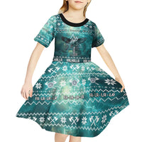 Viking Valhalla Christmas Kid Short Sleeve Dress with Norse Symbols Raven and Fa La La La Design - Wonder Print Shop