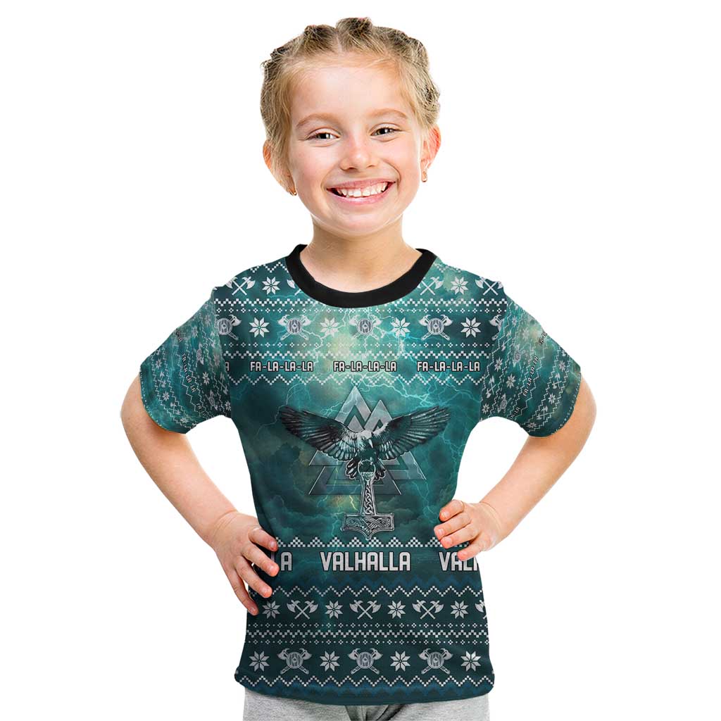 Viking Valhalla Christmas Kid T Shirt with Norse Symbols Raven and Fa La La La Design - Wonder Print Shop