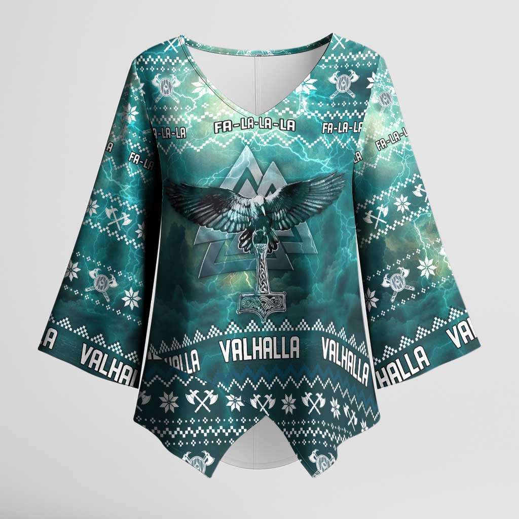 Viking Valhalla Christmas Kimono Sleeve Blouse with Norse Symbols Raven and Fa La La La Design - Wonder Print Shop