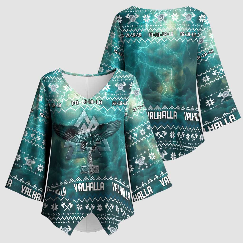 Viking Valhalla Christmas Kimono Sleeve Blouse with Norse Symbols Raven and Fa La La La Design - Wonder Print Shop