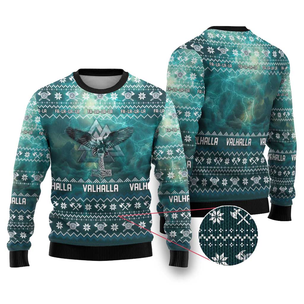 Viking Valhalla Christmas Ugly Christmas Sweater with Norse Symbols Raven and Fa La La La Design - Wonder Print Shop