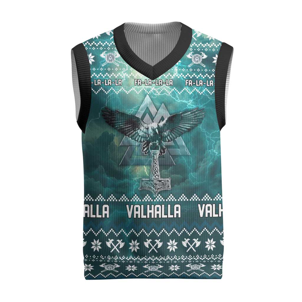 Viking Valhalla Christmas Knitted V-Neck Vest with Norse Symbols Raven and Fa La La La Design - Wonder Print Shop