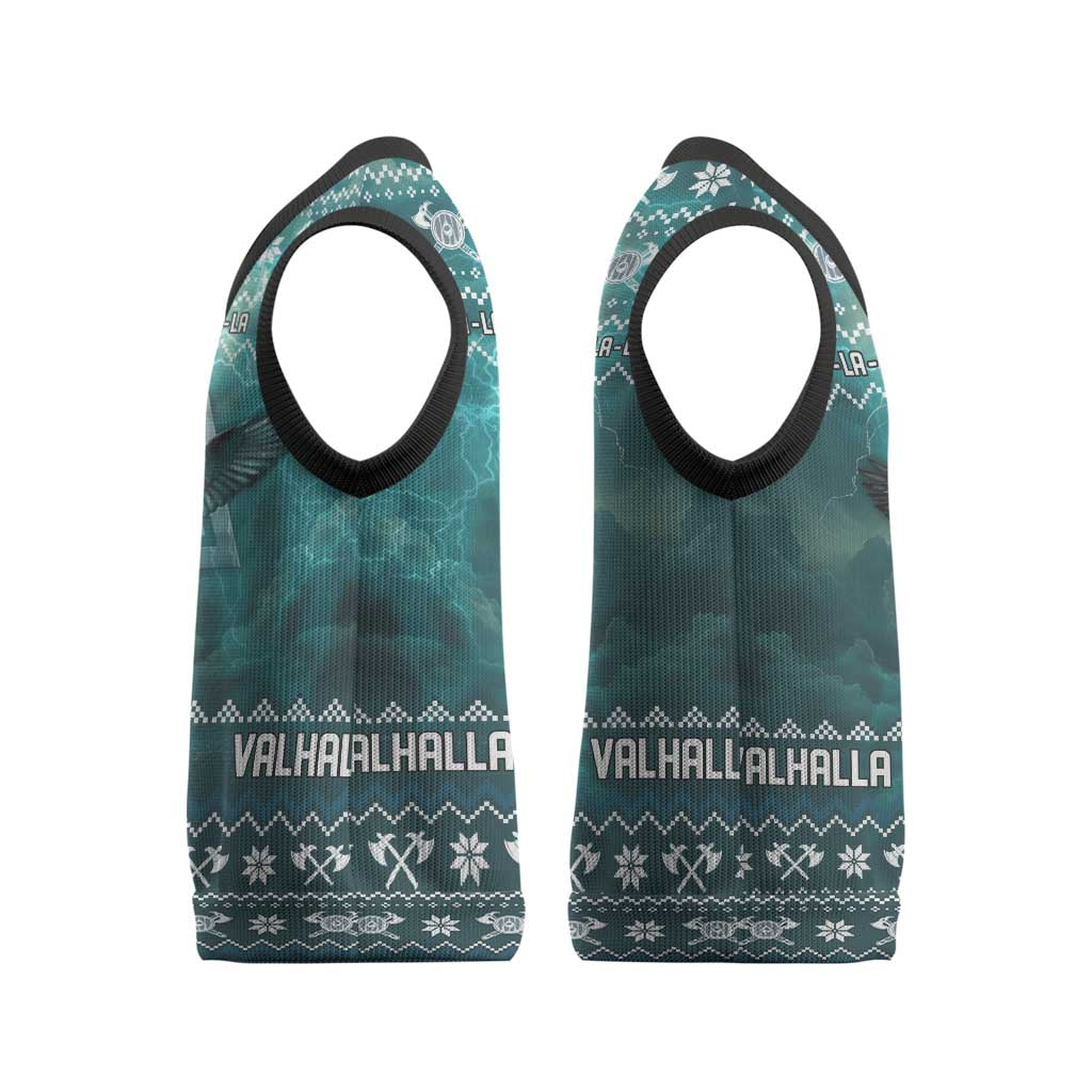 Viking Valhalla Christmas Knitted V-Neck Vest with Norse Symbols Raven and Fa La La La Design - Wonder Print Shop
